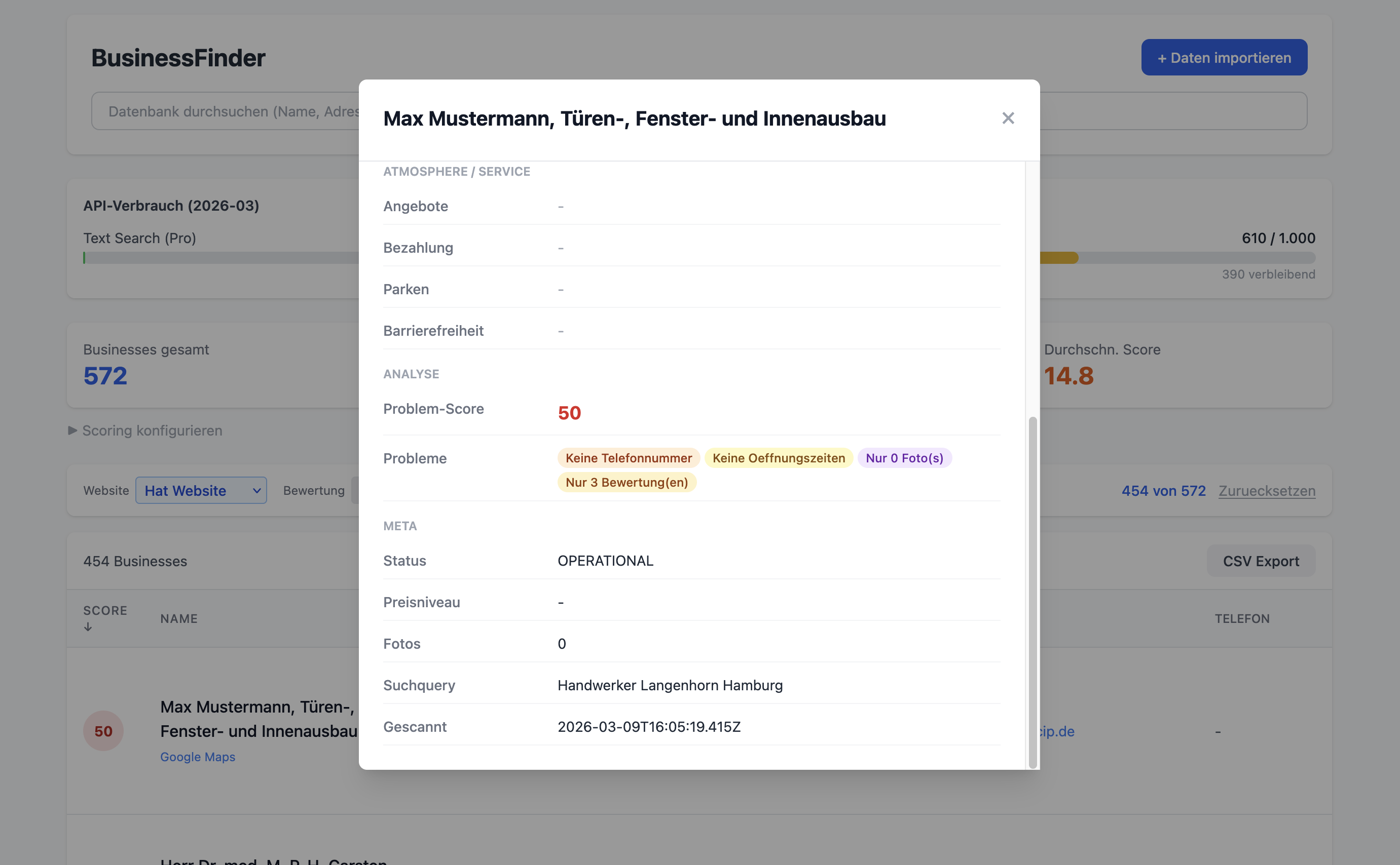 Detail-Modal mit Problem-Score und allen Google Places Daten